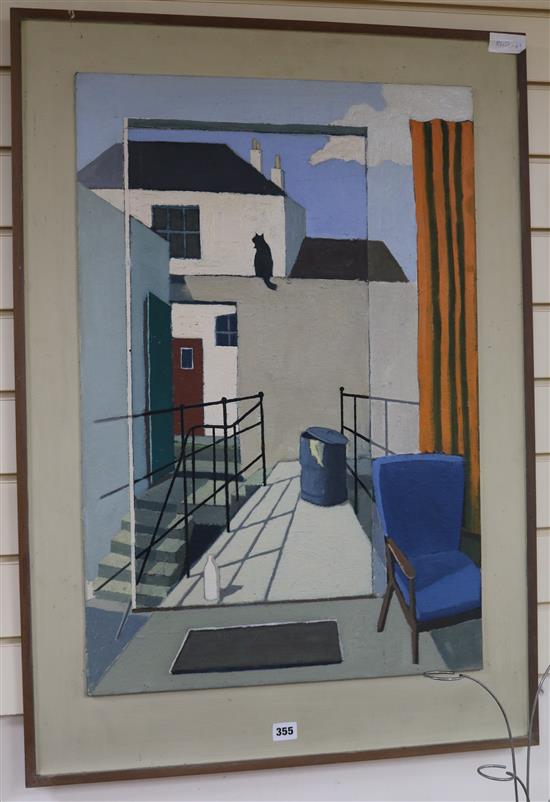 Michael Alford, oil on board, back alley with cat on a wall, 76 x 51cm